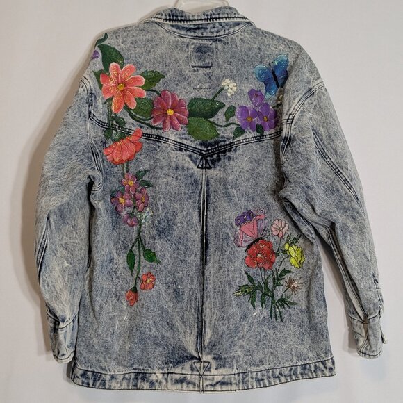 MICHAEL SLOANE Acid Wash Blue Button Jean Jacket w Painted Flowers; Size S - L - Picture 4 of 5